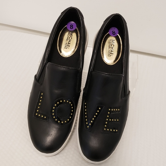 EC Michael Michael Kors Trent "LOVE" Black Leather Fashion Sneaker Slipons Sze 8 - Picture 1 of 11